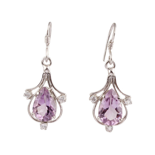Natural Faceted Amethyst CZ Studded Earrings Handmade Prong Setting 925 Sterling Silver Dangle Earrings Jewelry