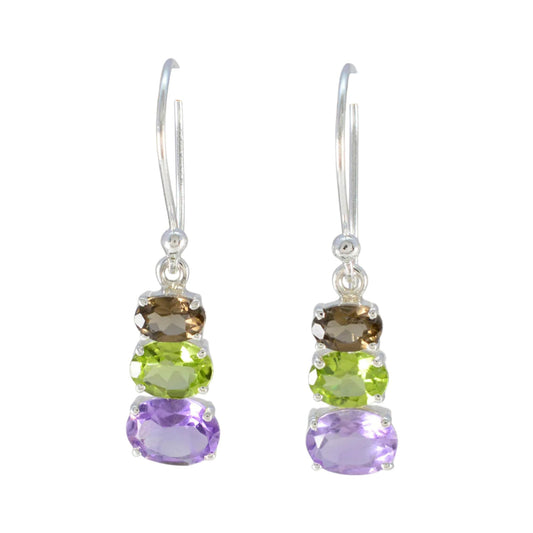 Smoky Quartz, Peridot & Amethyst Earrings Handmade 925 Sterling Silver Prong Setting Earrings Jewelry