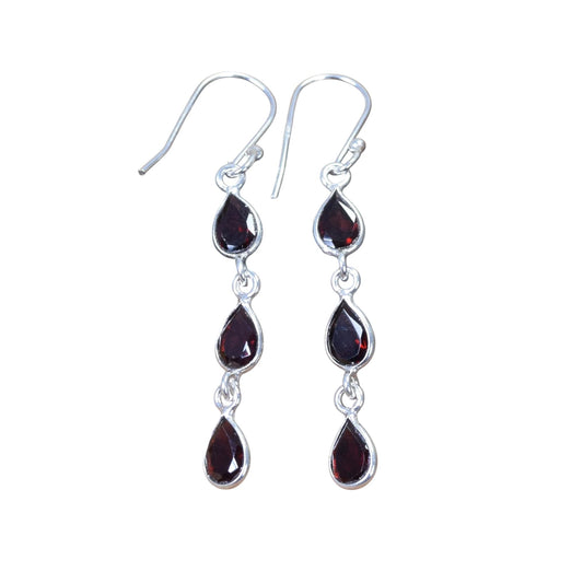 Trio Red Garnet Earrings Handmade 925 Sterling Silver Faceted Gemstone Long Dangle Bezel Setting Earrings