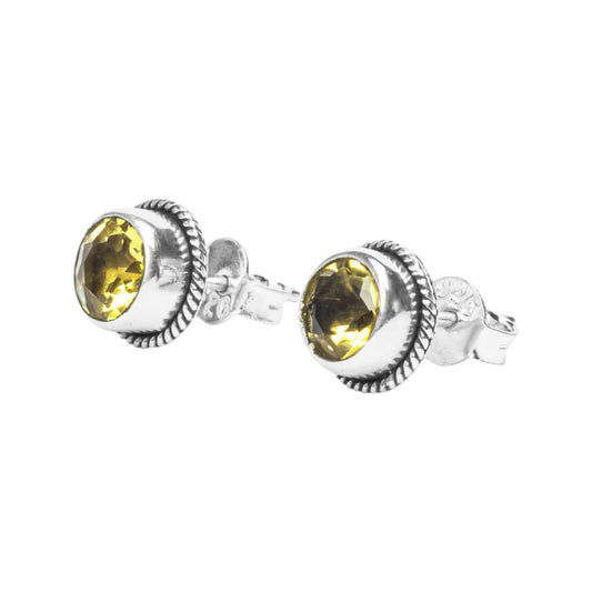 Citrine Stone Stud Earrings Handmade 925 Sterling Silver Round Gemstone Earrings Twisted Wire Jewelry