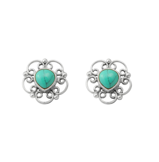 Turquoise Stud Earrings Floral 925 Sterling Silver Jewelry Handmade Designer Gemstone Earrings