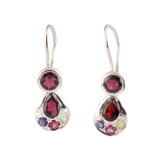 Natural Garnet Earrings with Studded Multi Birthstone Handmade 925 Sterling Silver Faceted Gemstone Earrings