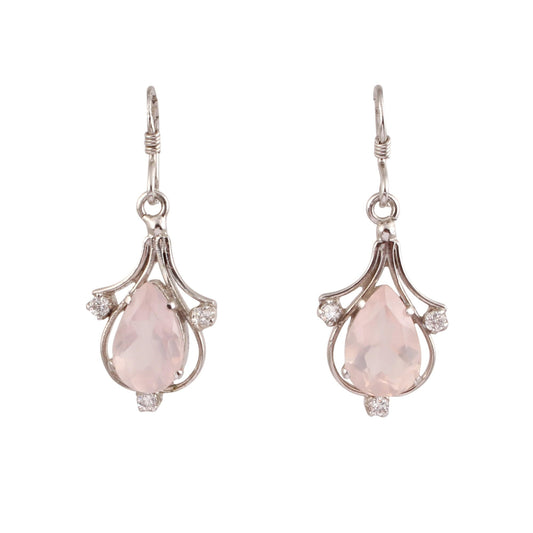 Rose Quartz Earrings with CZ Studded Designer 925 Sterling Silver Prong Setting Natural Gemstone Earrings