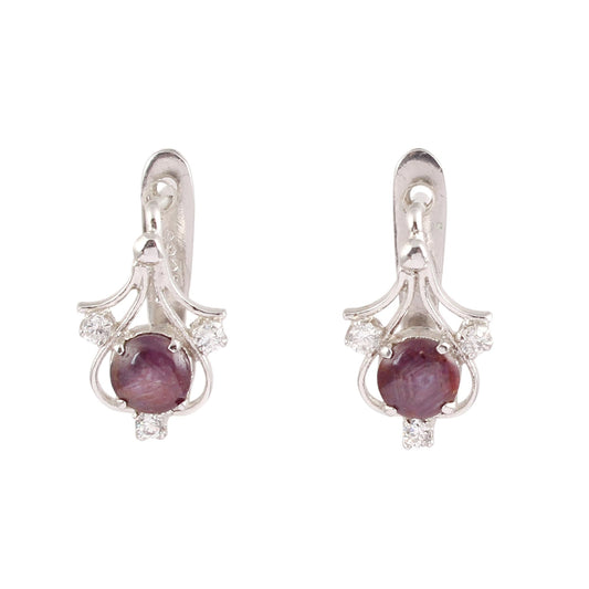 Star Ruby Earrings with CZ Studded Handmade Prong Setting Designer 925 Sterling Silver Earrings with Russian Lock