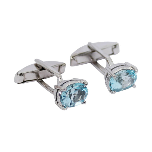 Blue Topaz 925 Sterling Silver Cuff Links Minimalist December Birthstone Handmade Prong Setting Oval Faceted Stone Cufflinks
