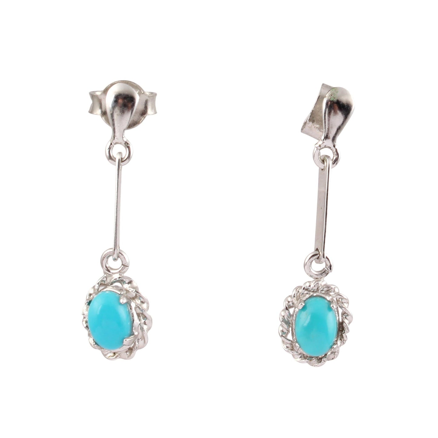 Turquoise Earrings in 925 Sterling Silver Long Drops Prong Setting Twisted Wire Earrings
