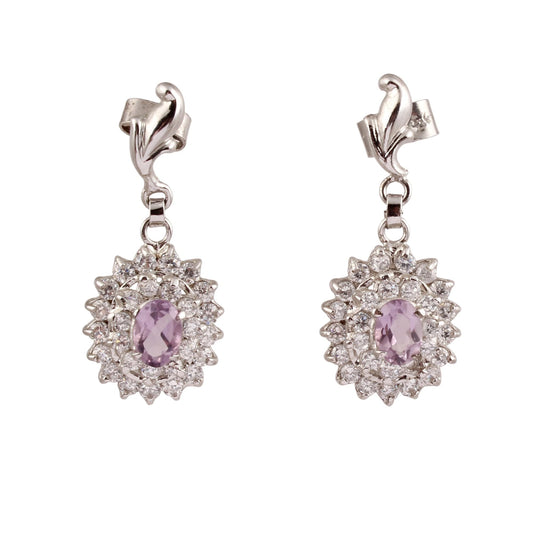 Amethyst Drop Post CZ Cluster Earrings Handmade Prong Setting 925 Sterling Silver Dangle Earrings Jewelry