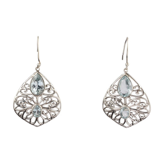 Natural Blue Topaz Designer Openwork Earrings Handmade 925 Sterling Silver Faceted Gemstone Earrings