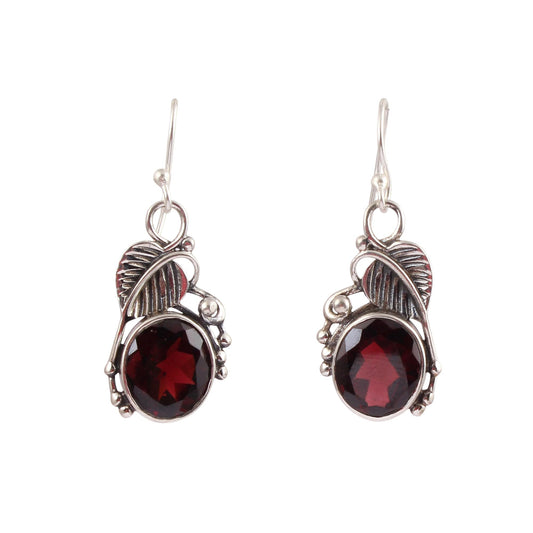 Garnet Earrings with Leaf Charm Handmade Natural Gemstone 925 Sterling Silver Dangle Earrings