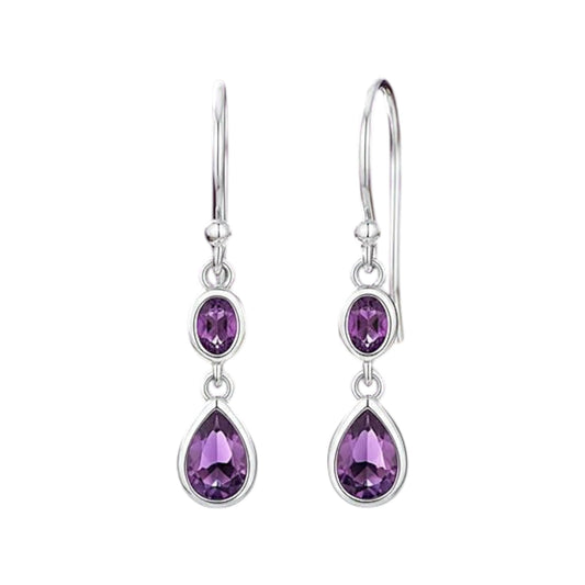 Amethyst Dangle Earrings 925 Sterling Silver Handmade Gemstone Earrings for Women Oval & Pear Cut Drop February Birthstone Jewellery Boho Festival Gift Lightweight & Elegant