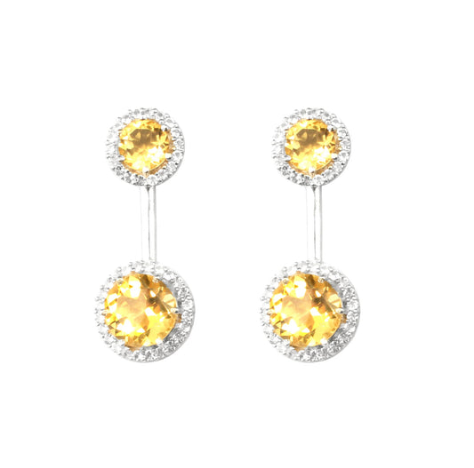 Round Citrine Earrings with CZ 925 Sterling Silver Handmade Cluster Gemstone Lightweight Dangle Earrings
