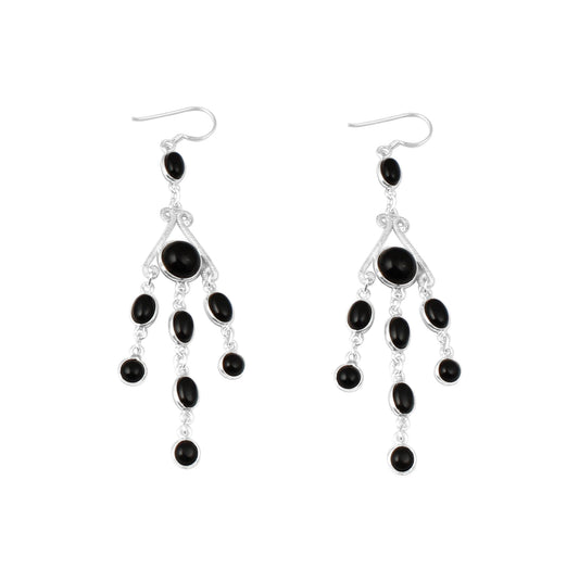 Ethnic Black Onyx Chandelier Earrings in 925 Sterling Silver Handmade Bezel Multi Gemstone Dangle Earrings Jewelry