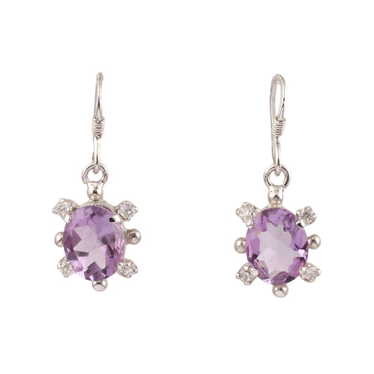 Natural Oval Faceted Amethyst Earrings CZ Studded Handmade 925 Sterling Silver Dangle Earrings Jewelry