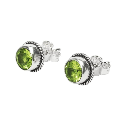 Peridot Stone Stud Earrings Handmade 925 Sterling Silver Round Gemstone Earrings Twisted Wire Jewelry