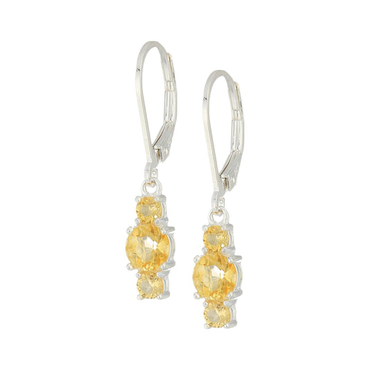 Three Stone Birthstone Leverback Dangle Earrings Handmade 925 Sterling Silver Natural Gemstone Earrings (Citrine)