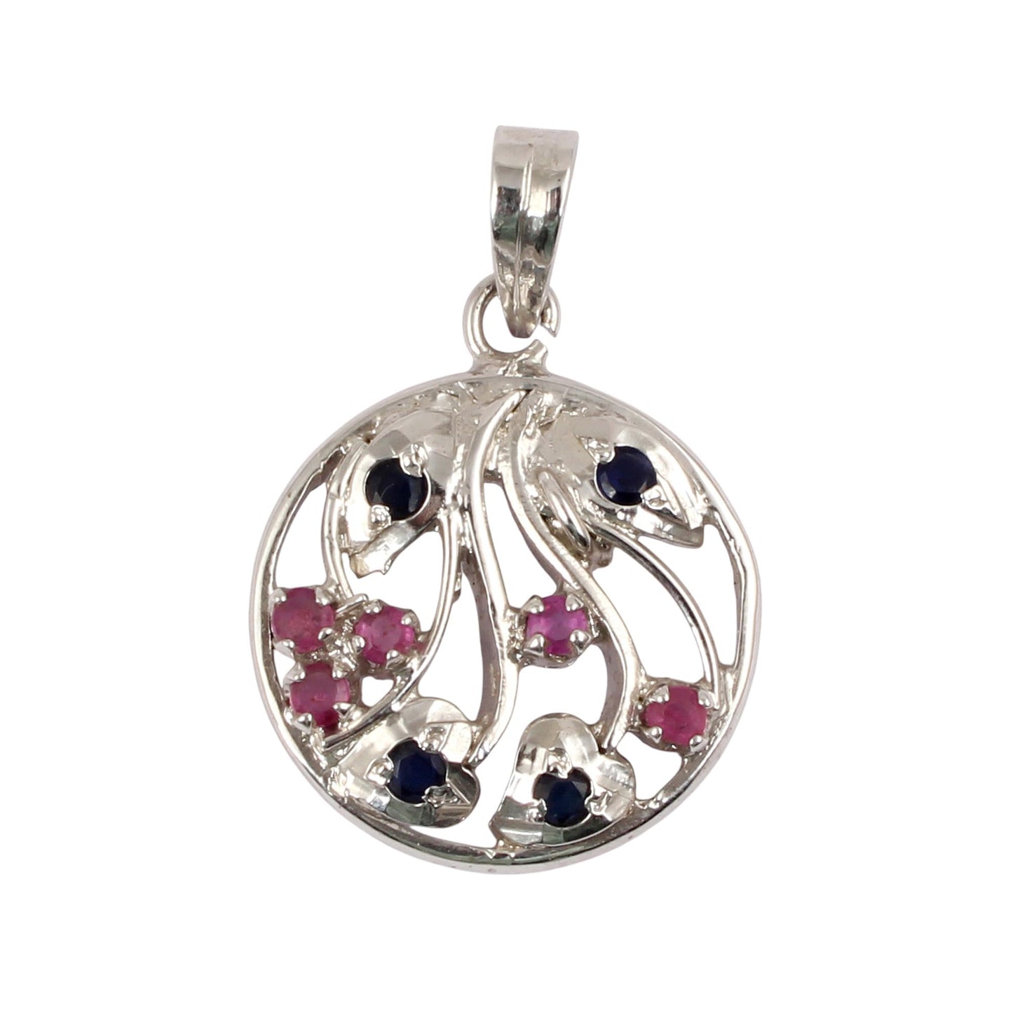 Natural Ruby & Sapphire Pendant Handmade Designer Leaf Circle Shape Pendant Natural Gemstone Jewelry