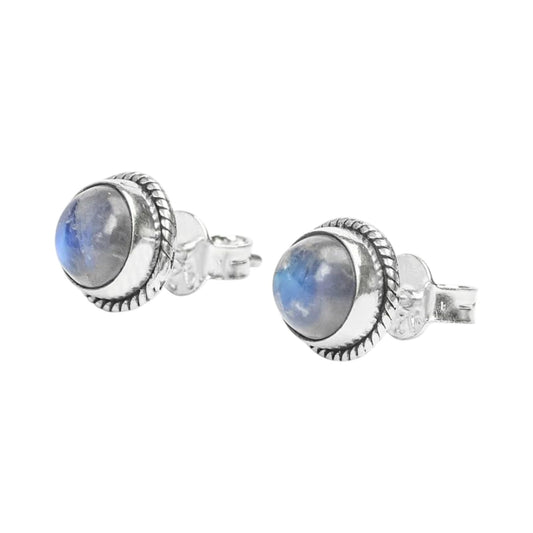 Moonstone Stone Stud Earrings Handmade 925 Sterling Silver Round Gemstone Earrings Twisted Wire Jewelry
