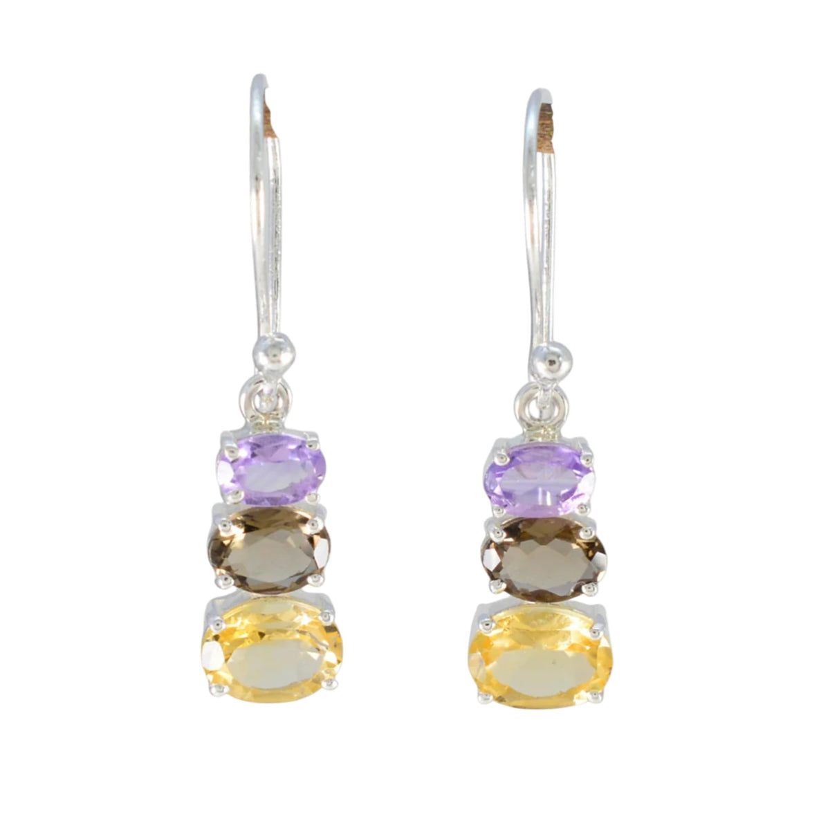 Amethyst, Smoky Quartz & Citrine Earrings Handmade 925 Sterling Silver Prong Setting Earrings Jewelry