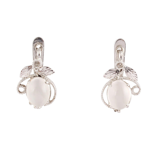 Peach Moonstone Earrings with Leaf Charm Handmade Prong Setting 925 Sterling Silver with Russian Lock