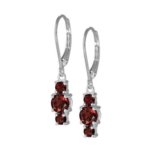 Three Stone Birthstone Leverback Dangle Earrings Handmade 925 Sterling Silver Natural Gemstone Earrings (Garnet)