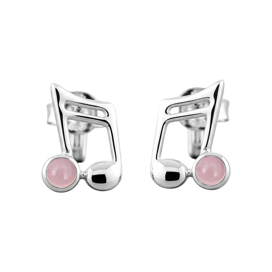 Music Note Gemstone Earrings Handcrafted 925 Sterling Silver Music Charm Stud Earrings (1, Sterling Silver, Rose Quartz)