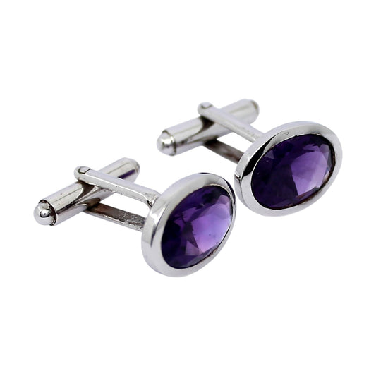 Natural Amethyst Cufflink Solid 925 Silver February Birthstone Minimalist Cuff links Oval Amethyst Cufflink For Men