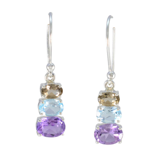 Smoky Quartz, Blue Topaz & Amethyst Earrings Handmade 925 Sterling Silver Prong Setting Earrings Jewelry