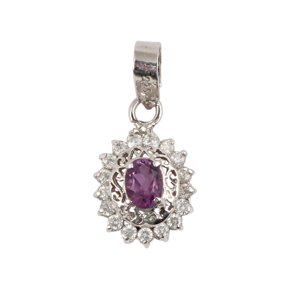 Natural Amethyst Pendant with CZ Studded Unique Artisan Handmade 925 Sterling Silver Prong Setting Pendant