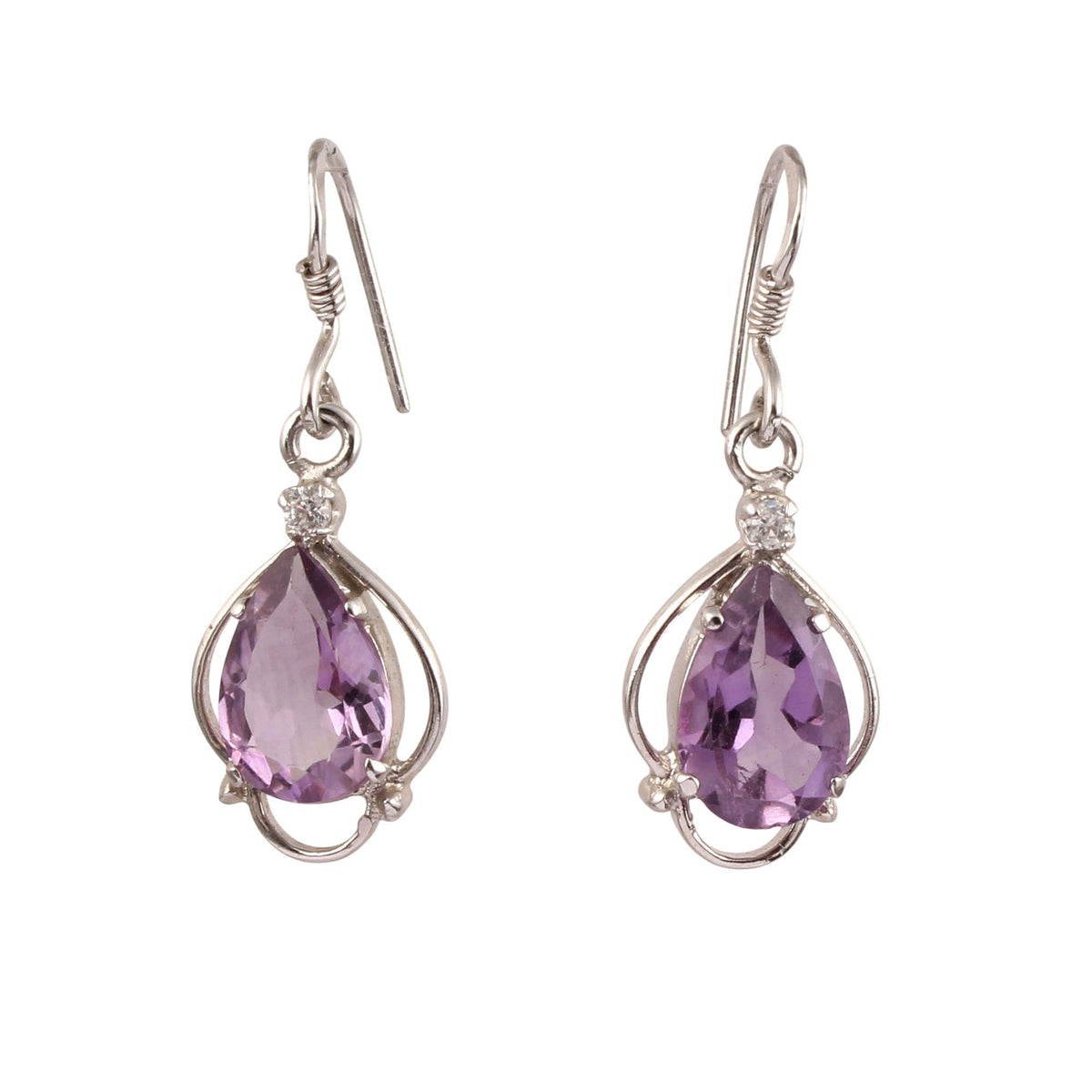Natural Pear Faceted Amethyst Earrings CZ Studded Handmade 925 Sterling Silver Dangle Earrings Jewelry