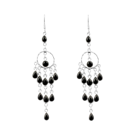 Ethnic Wear Black Onyx Chandelier Earrings in 925 Sterling Silver Handmade Bezel Multi Gemstone Dangle Earring