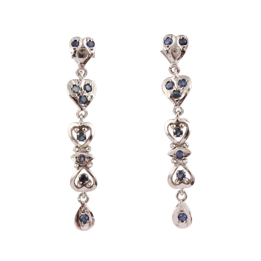 Heart Shape Blue Sapphire Long Dangle Earrings Handmade 925 Sterling Silver Natural Sapphire Post Earrings