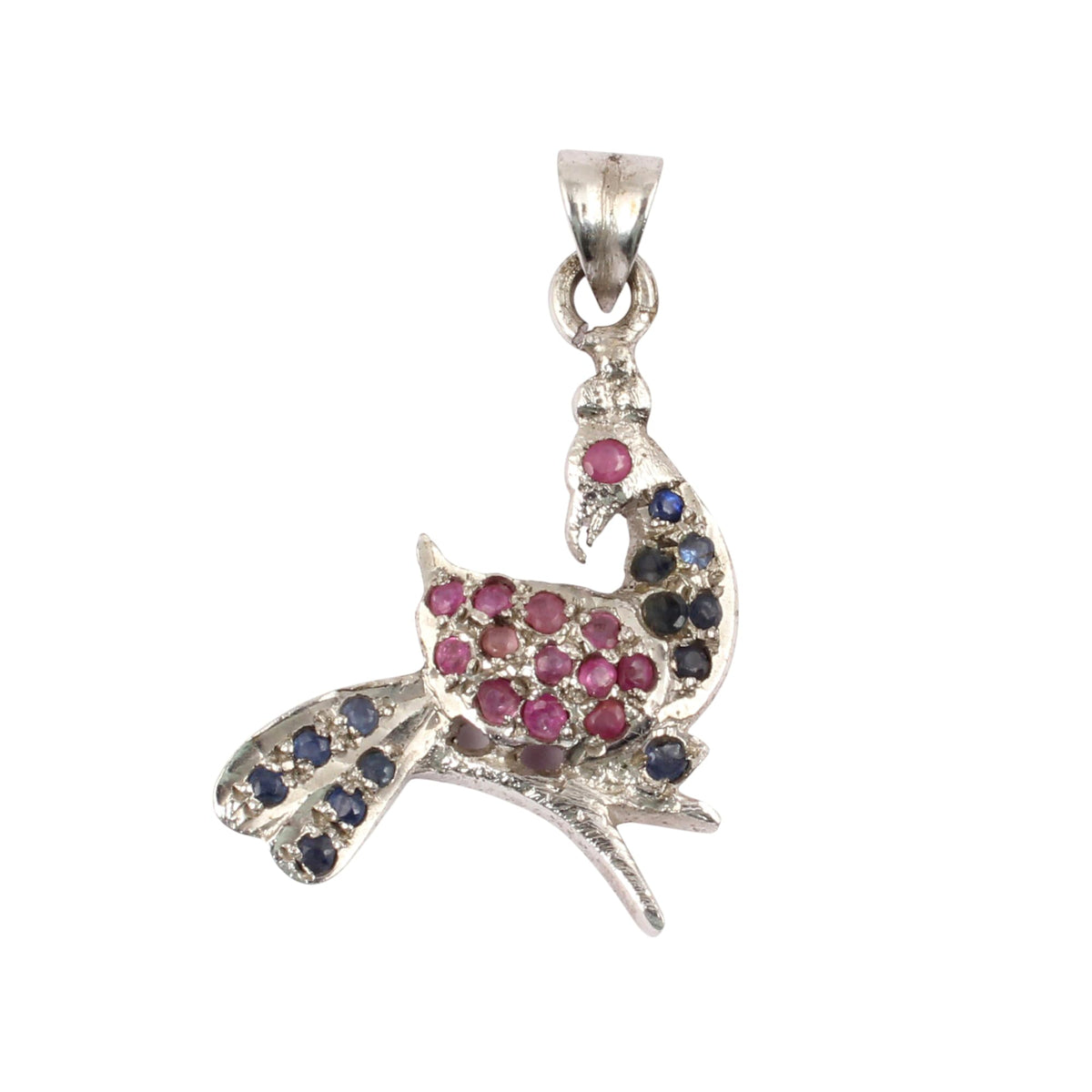 Peacock Shaped Pendant with Ruby and Sapphire Handmade 925 Sterling Silver Natural Gemstone Charm Pendant