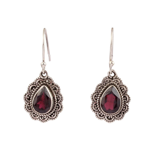 Ethnic Wear Filigree Garnet Earrings Handmade Natural Gemstone 925 Sterling Silver Dangle Earrings