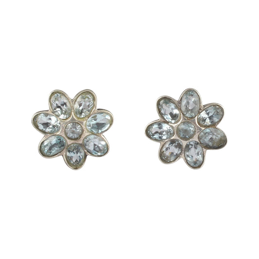 Natural Blue Topaz Floral Earrings Handmade 925 Sterling Silver Faceted Gemstone Stud Earrings Jewelry