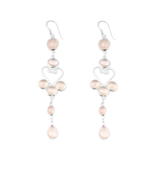 Rose Quartz Ethnic Wear Chandelier Earrings Handmade 925 Sterling Silver Long Dangle Jewelry