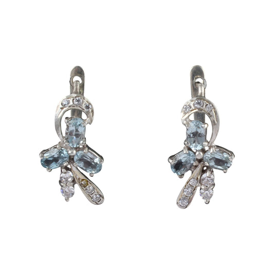 Natural Blue Topaz Floral Earrings with CZ Studded Handmade 925 Sterling Silver Designer Gemstone Earrings
