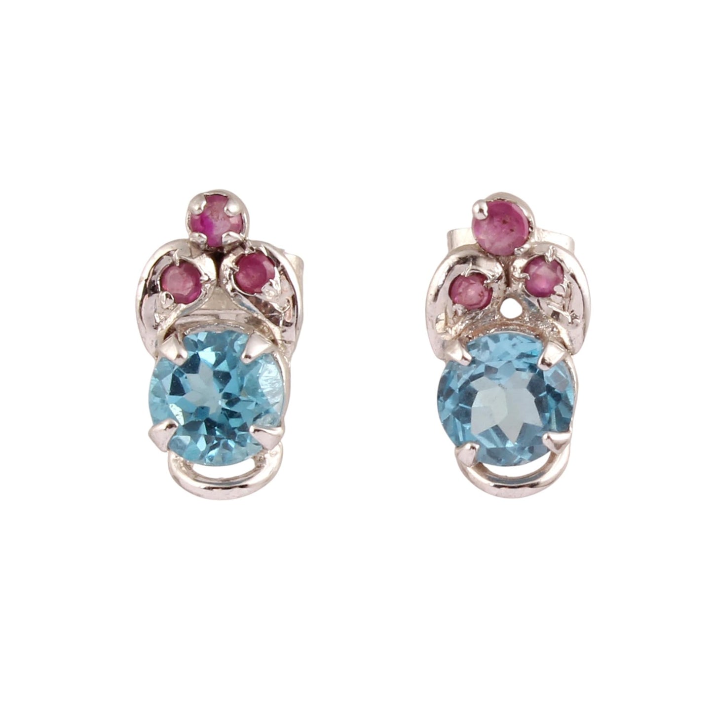 Blue Topaz Earrings with Ruby Studded Handmade 925 Sterling Silver Prong Setting Round Gemstone Earrings