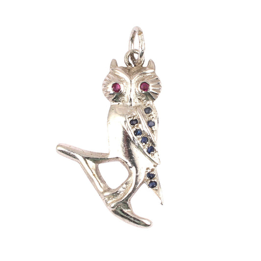 Silver Owl Charm Pendant Sapphire or Ruby Eyes Vintage Inspired Handmade 925 Sterling Silver Pendant
