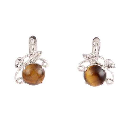 Tiger Eye Earrings with Leaf Charm Handmade 925 Sterling Silver Prong Setting Natural Gemstone Earrings