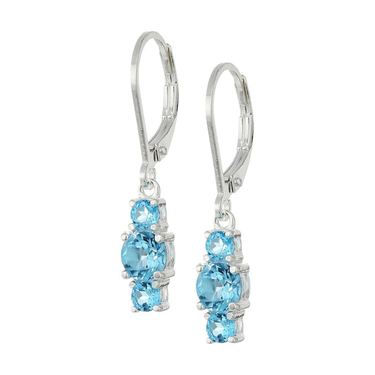 Three Stone Birthstone Leverback Dangle Earrings Handmade 925 Sterling Silver Natural Gemstone Earrings (Blue Topaz)