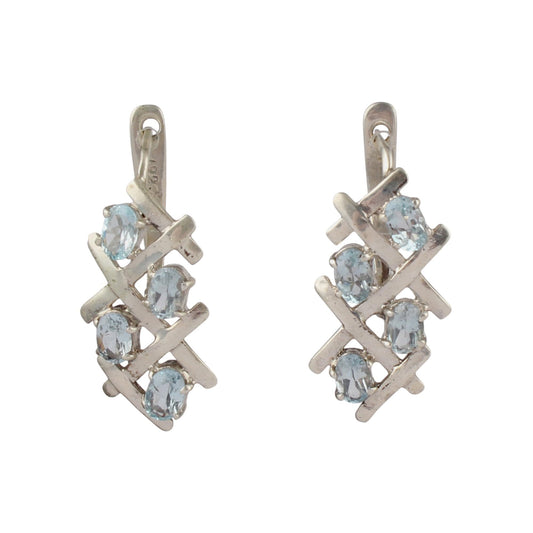 Criss-Cross Lattice Blue Topaz Earrings in 925 Sterling Silver Handmade Prong Setting Oval Gemstone Earrings