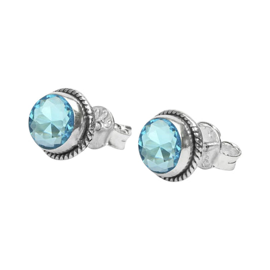 Blue Topaz Stone Stud Earrings Handmade 925 Sterling Silver Round Gemstone Earrings Twisted Wire Jewelry