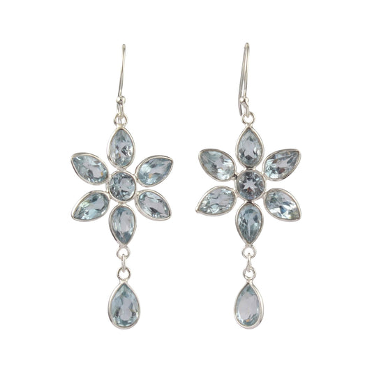 Floral Shape Dangle Blue Topaz Earrings Handmade 925 Sterling Silver Natural Faceted Gemstone Earrings
