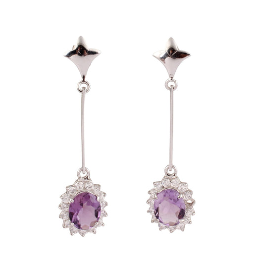 Amethyst Drop Post Earrings CZ Studded Handmade 925 Sterling Silver Long Dangle Earrings Jewelry
