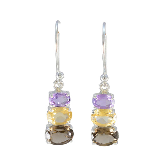 Amethyst, Citrine & Smoky Quartz Earrings Handmade 925 Sterling Silver Prong Setting Earrings Jewelry
