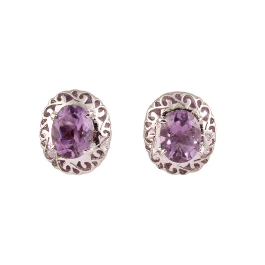 Unique Artisan Amethyst Stud Earrings Handmade 925 Sterling Silver Prong Setting Designer Earrings Jewelry