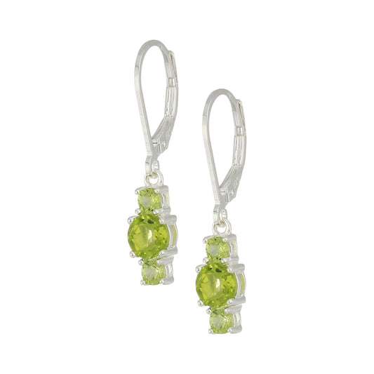 Three Stone Birthstone Leverback Dangle Earrings Handmade 925 Sterling Silver Natural Gemstone Earrings (Peridot)