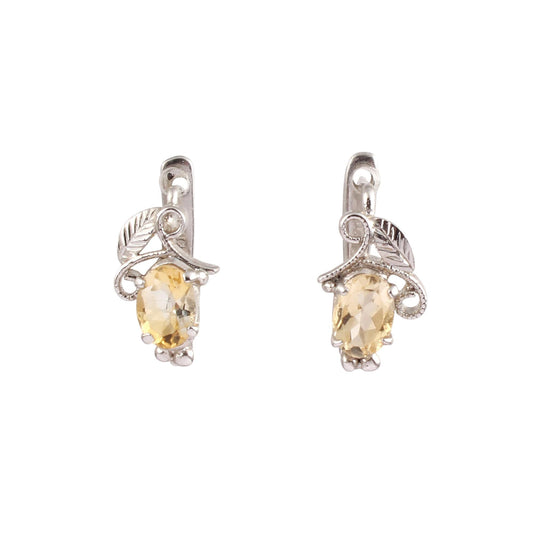 Natural Citrine Earrings with Leaf Charm Handmade 925 Sterling Silver Designer Prong Setting Lightweight Earrings with Russian Lock