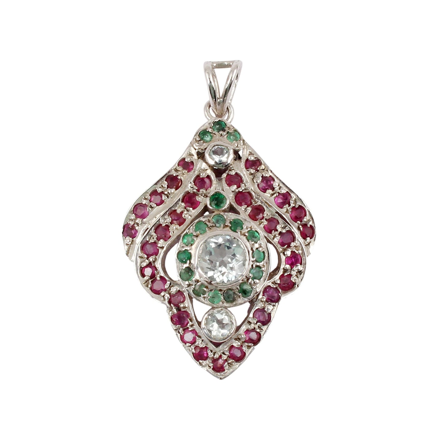 Ruby & Emerald Pendant with Blue Topaz Vintage Natural Faceted Gemstone Unique Artisan Jewelry