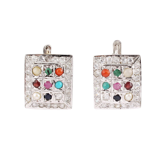 Multi Birthstone Navratna Earrings Handmade 925 Sterling Silver CZ Studded Earrings with Latch Back Lock